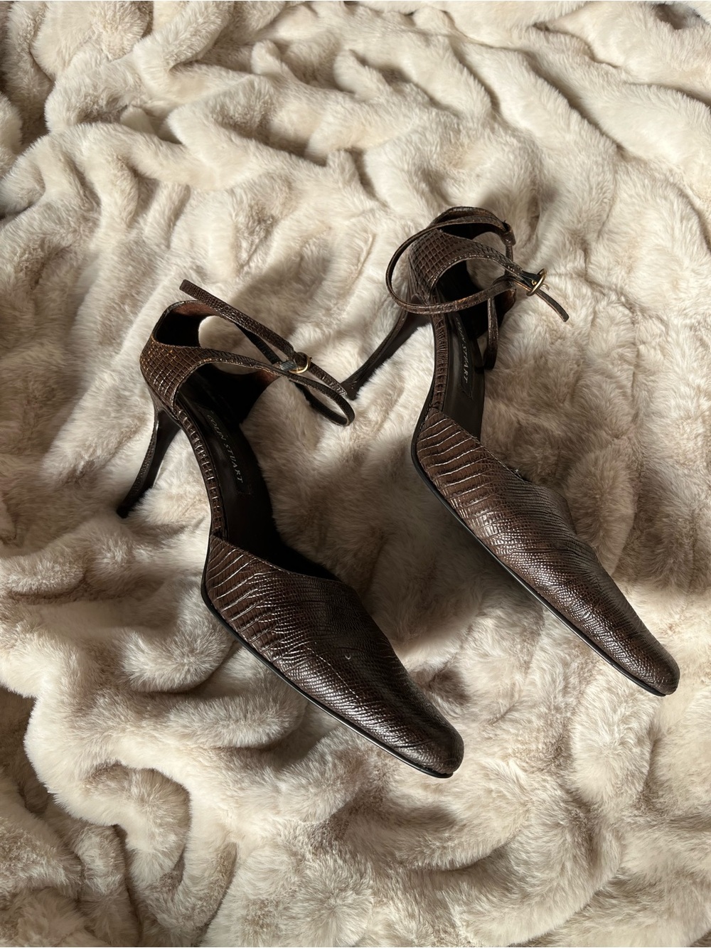 Colin Stuart Brown croc Textured Ankle-Strap Pointed-Toe Heels